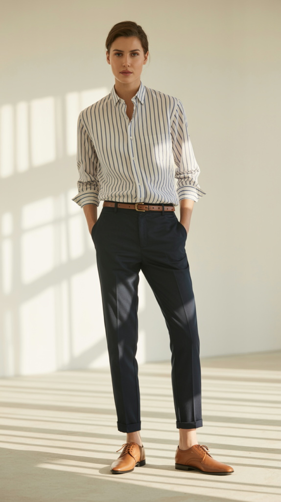 black trousers with lightweight striped shirt classic summer work outfit Black trousers with a lightweight striped shirt styled as a classic summer work outfit
