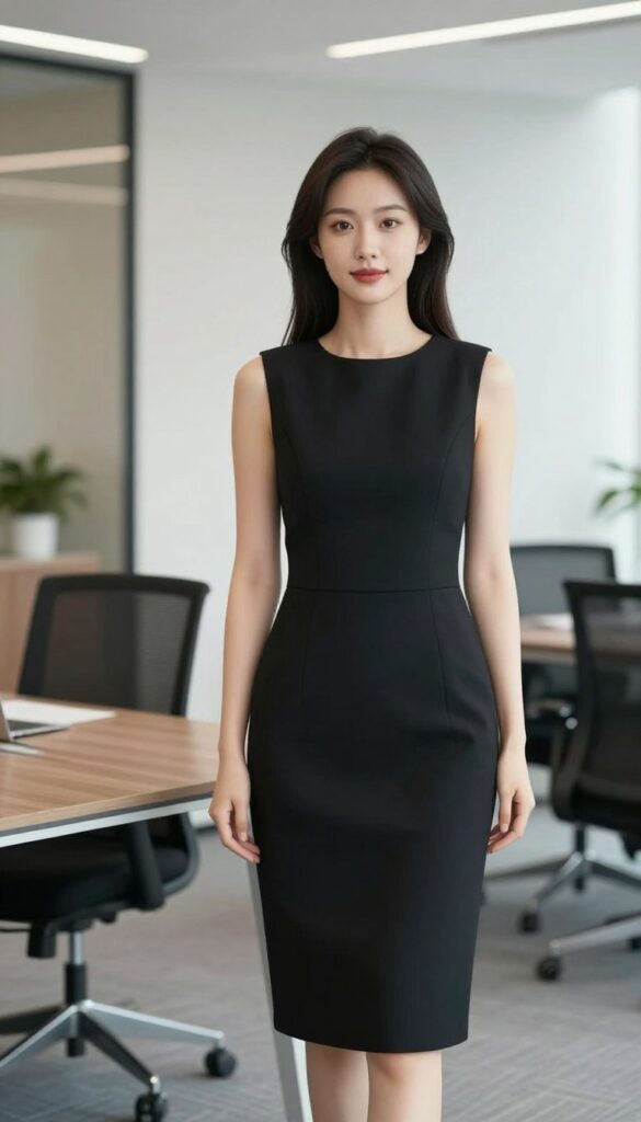 Black sleeveless midi dress styled as a professional summer work outfit
