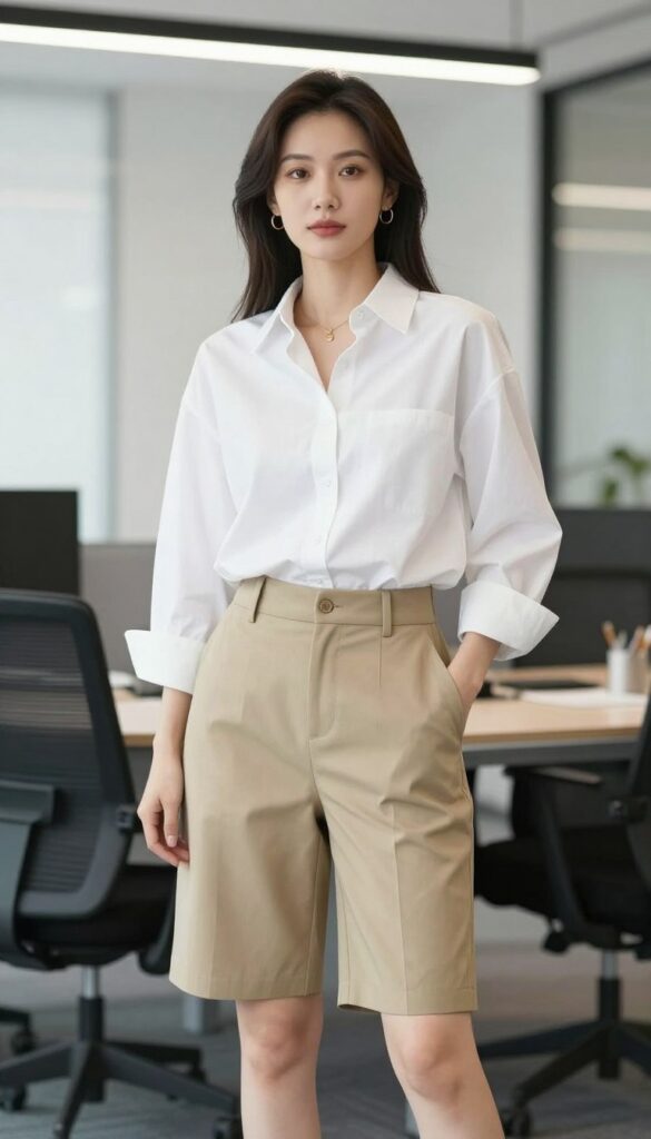 Crisp white shirt styled with tailored shorts for a professional summer outfit