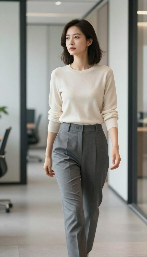 Lightweight knit top styled with pleated trousers for a summer work outfit