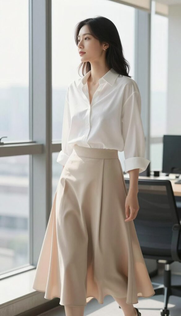 Midi skirt with a relaxed button shirt styled as a professional summer outfit
