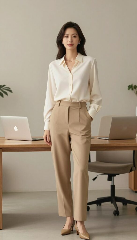 Monochrome beige outfit styled for summer office professional style