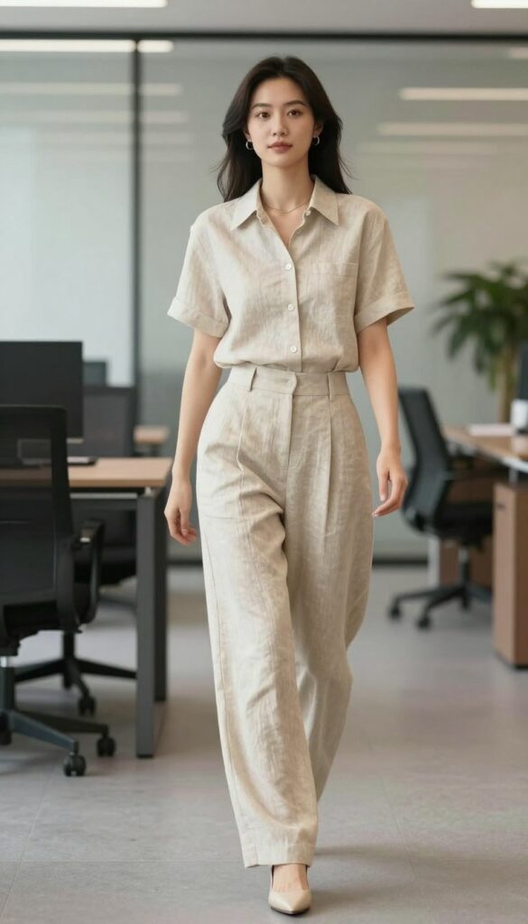 Neutral co ord matching set styled as a professional summer office outfit