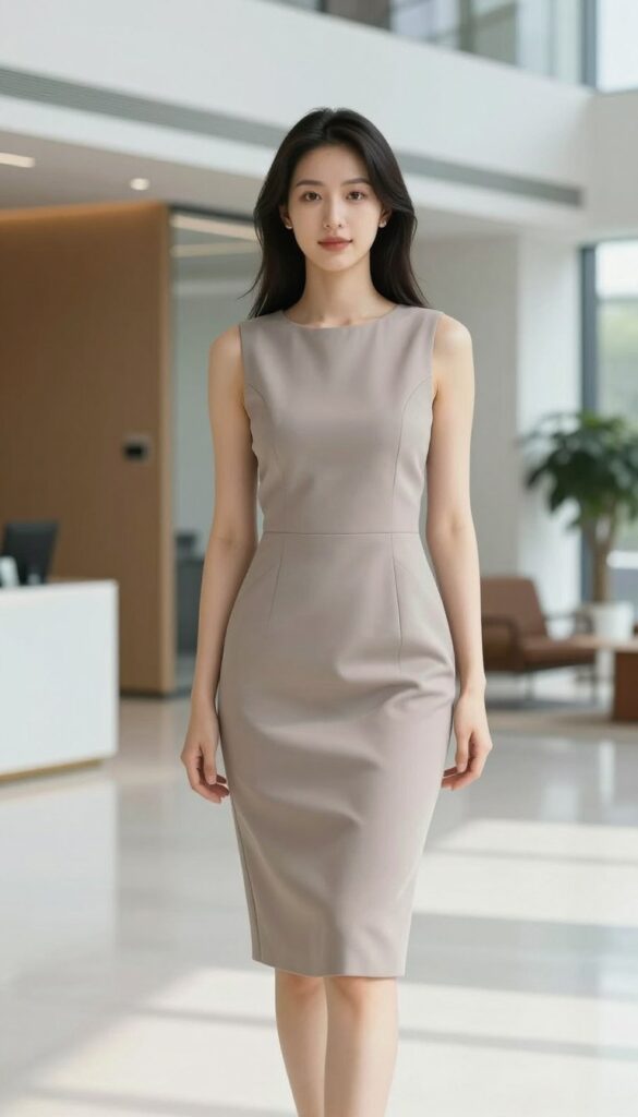 Sleeveless midi dress styled as a professional summer work outfit