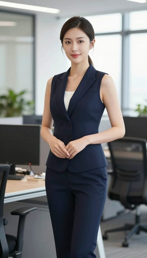 Sleeveless waistcoat with tailored trousers styled as a professional summer outfit