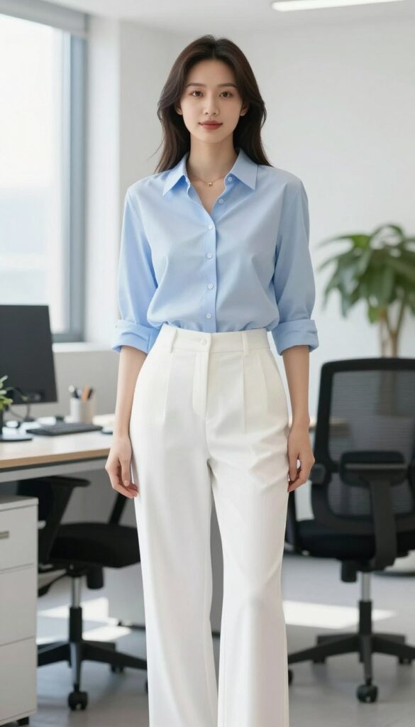 Soft blue shirt with white trousers styled as a fresh summer office outfit