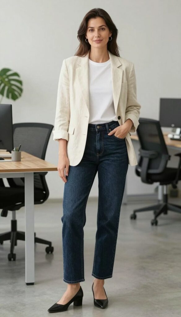 Straight leg jeans with a blazer styled for a casual summer office outfit