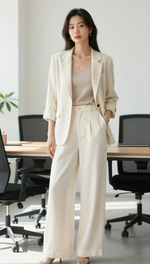 Woman wearing a linen blazer with wide leg trousers for a polished summer work outfit