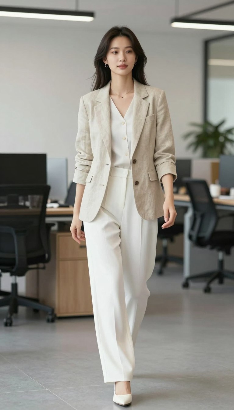 women's summer work outfits featuring professional woman in linen blazer and wide leg trousers
