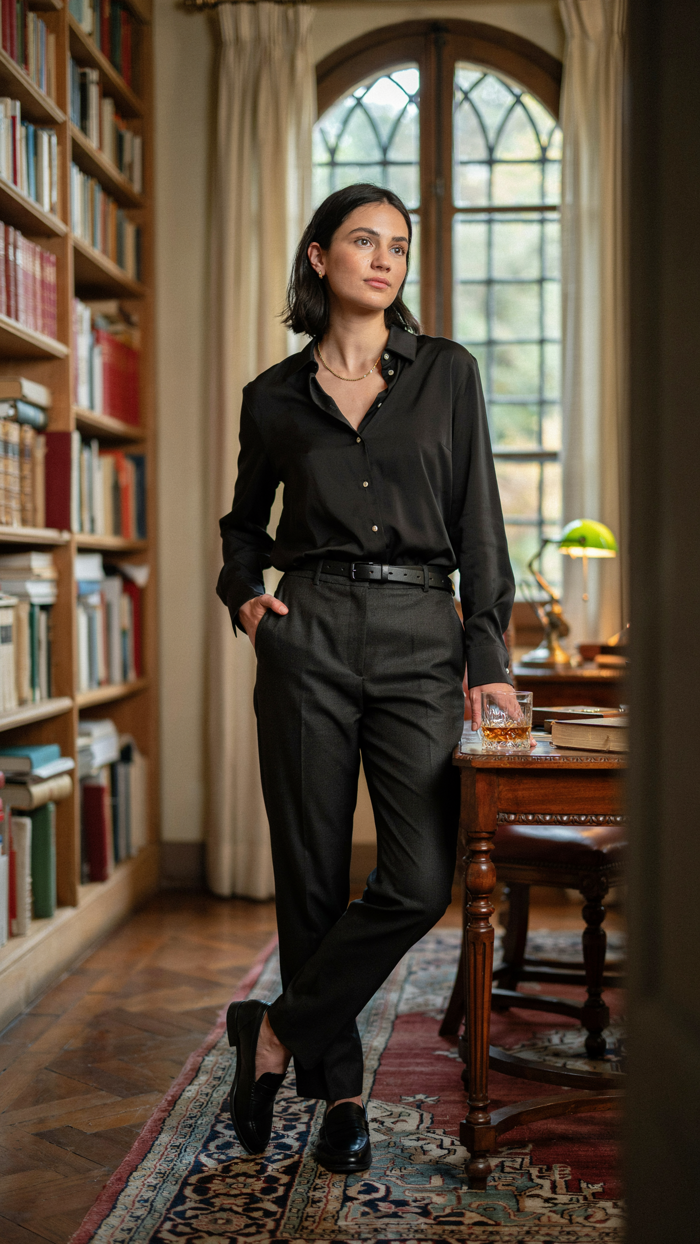 Old money inspired all black outfit featuring a silk shirt and tailored black trousers