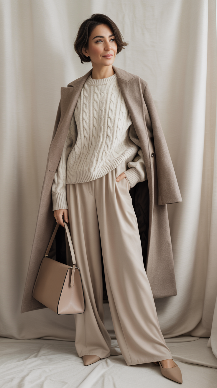 Woman wearing a monochrome neutral outfit with a cream knit sweater, wide leg beige trousers, matching neutral coat, pointed flats, and leather shoulder bag.