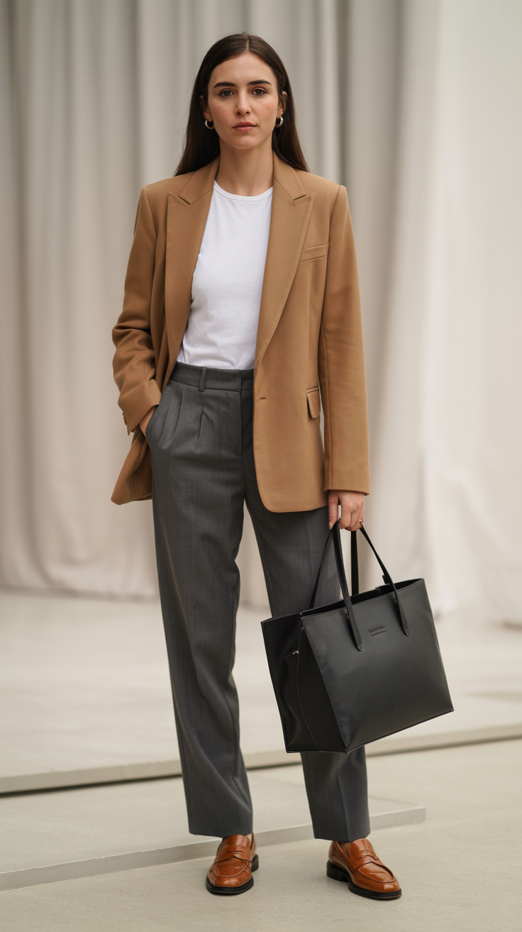 Woman wearing a tailored camel blazer over a white crewneck tee with straight leg trousers, leather loafers, and a structured tote bag.