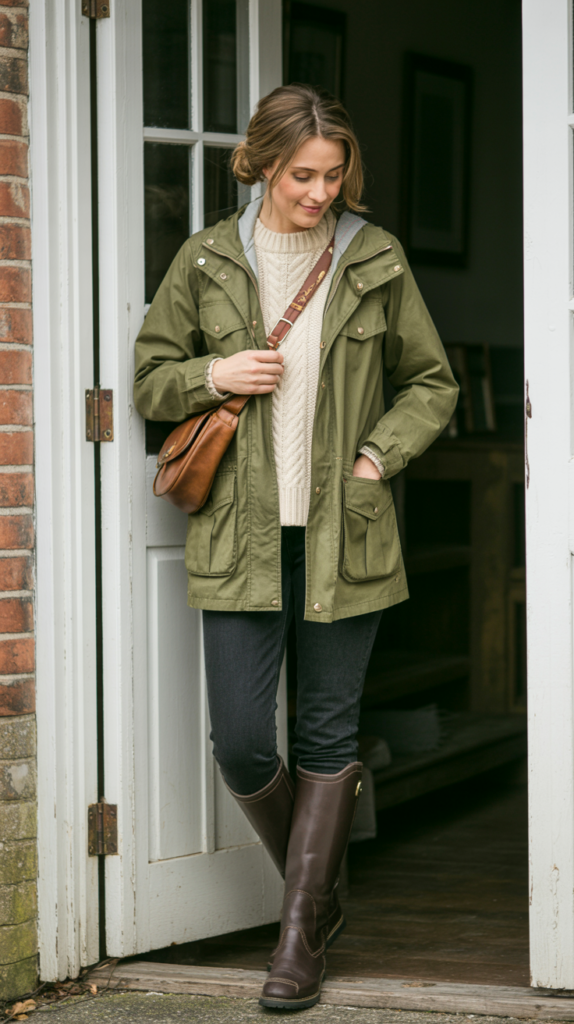 Woman wearing an olive wax jacket with a cream knit sweater, straight leg dark jeans, brown riding boots, leather crossbody bag, face not visible, countryside cottage doorway, soft natural light