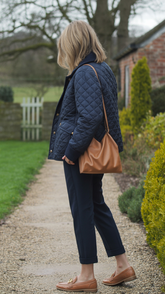 Woman wearing a navy quilted jacket with a soft cashmere knit, slim trousers, leather loafers, tan shoulder bag, face not visible, country garden path, overcast natural light