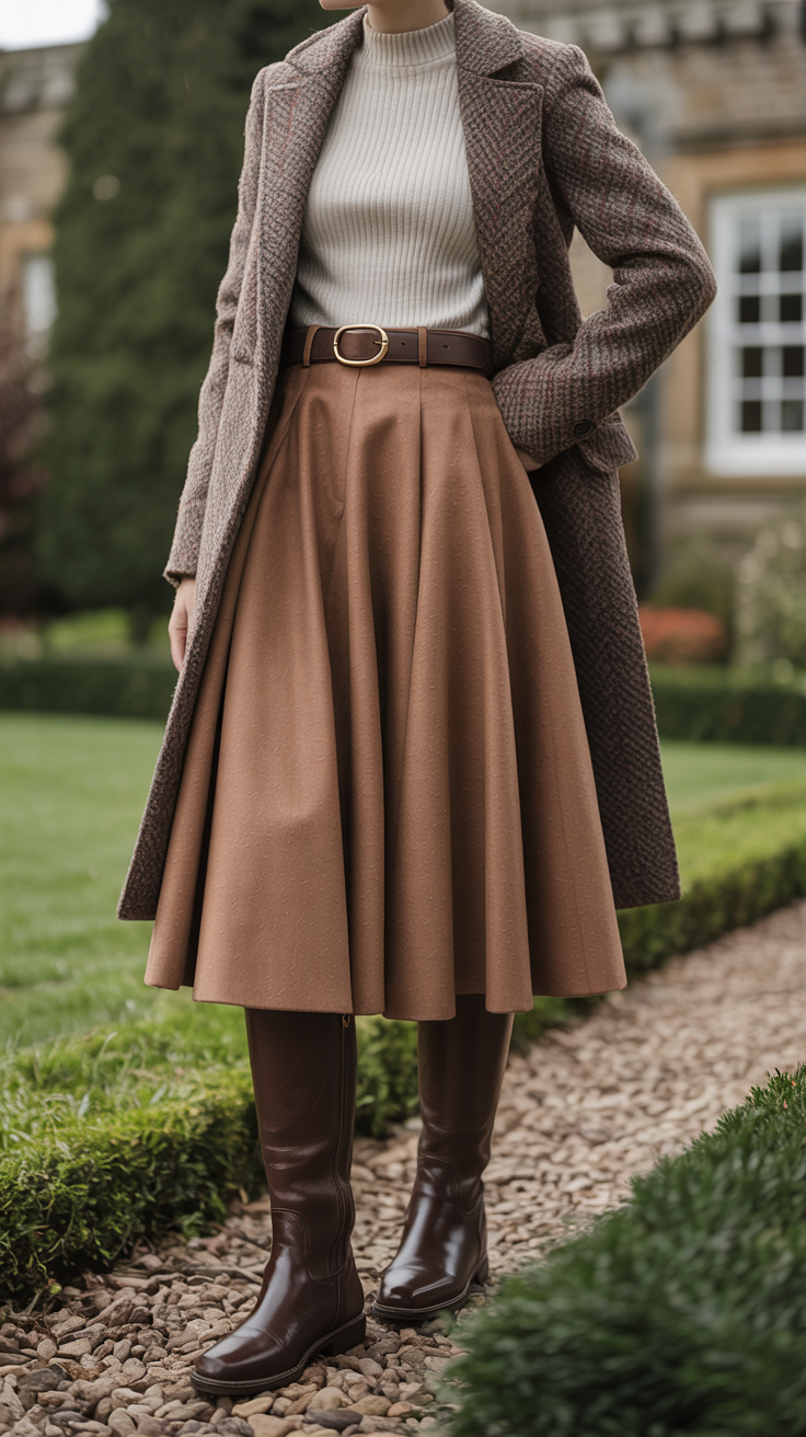 Woman wearing a wool midi skirt with brown leather riding boots, fitted knit sweater, tweed coat, leather belt, face not visible, country manor garden, soft morning light
