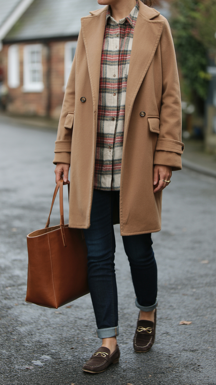 Woman wearing a subtle plaid shirt under a camel wool coat with dark jeans, brown loafers, leather tote, face not visible, village street, soft cloudy daylight