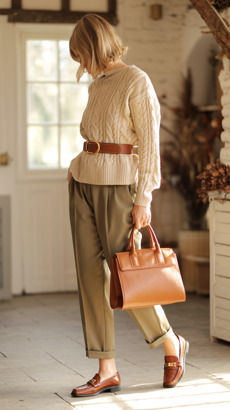 Woman wearing a cream cable knit sweater with olive tailored trousers, brown leather belt, loafers, structured tan handbag, face not visible, country cottage interior, soft window light