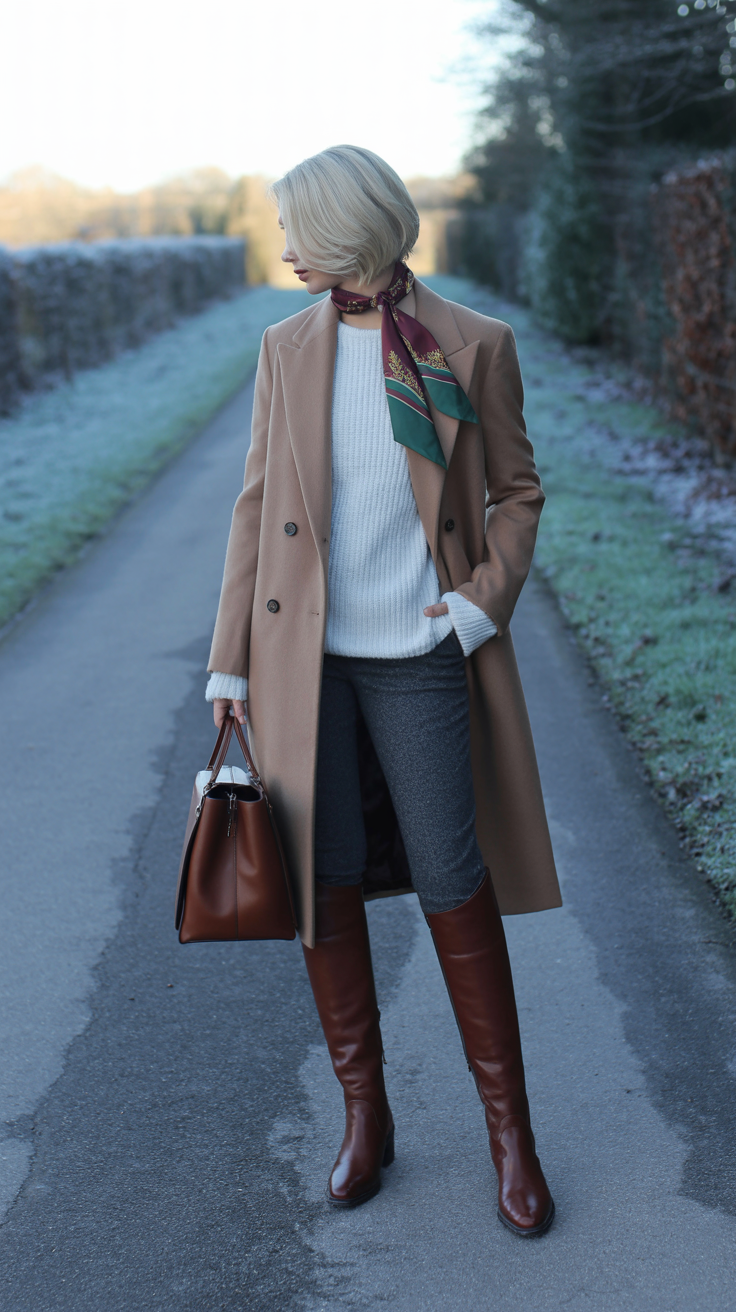 Woman wearing a long wool coat with a silk riding scarf, fine knit sweater, slim trousers, leather boots, structured bag, face not visible, country lane, cool winter daylight