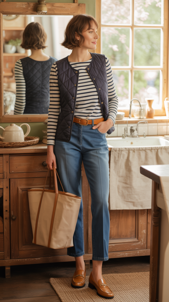 Woman wearing a Breton striped top with a navy quilted vest, straight leg jeans, loafers, leather belt, tote bag, face not visible, cottage kitchen mirror, natural morning light