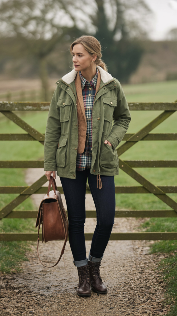 Woman wearing a heritage green jacket layered over a checked shirt and wool knit with dark jeans, leather boots, brown satchel, face not visible, countryside gate, muted afternoon light