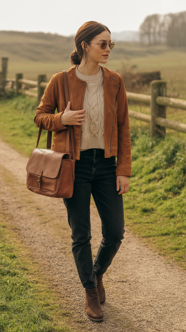 Woman wearing a tan suede jacket over a cream knit top with dark denim jeans, brown boots, leather shoulder bag, face not visible, countryside path, warm afternoon light