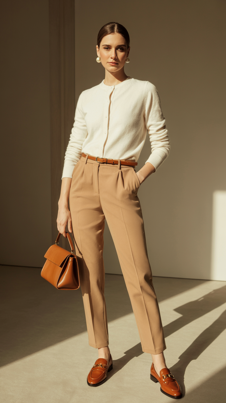Woman wearing a soft cashmere cardigan tucked into tailored trousers with leather loafers, simple belt, structured handbag, and pearl earrings.