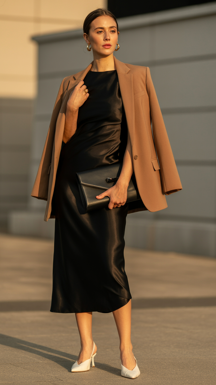 Woman wearing a simple black midi dress with slingback heels, gold earrings, tailored blazer, and clutch bag.