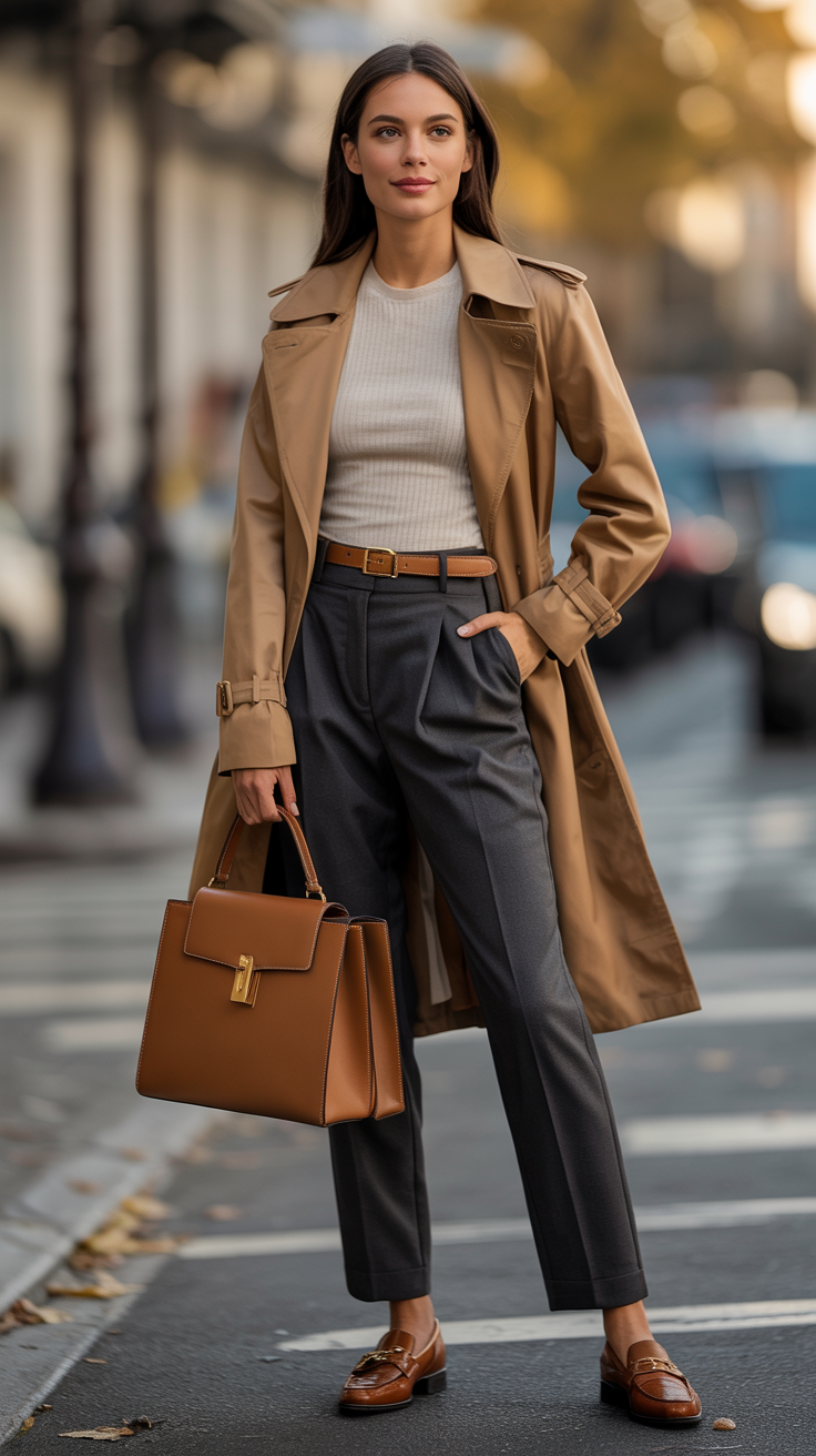 Woman wearing a classic camel trench coat over a fine knit top and tailored trousers with leather loafers and a structured handbag.