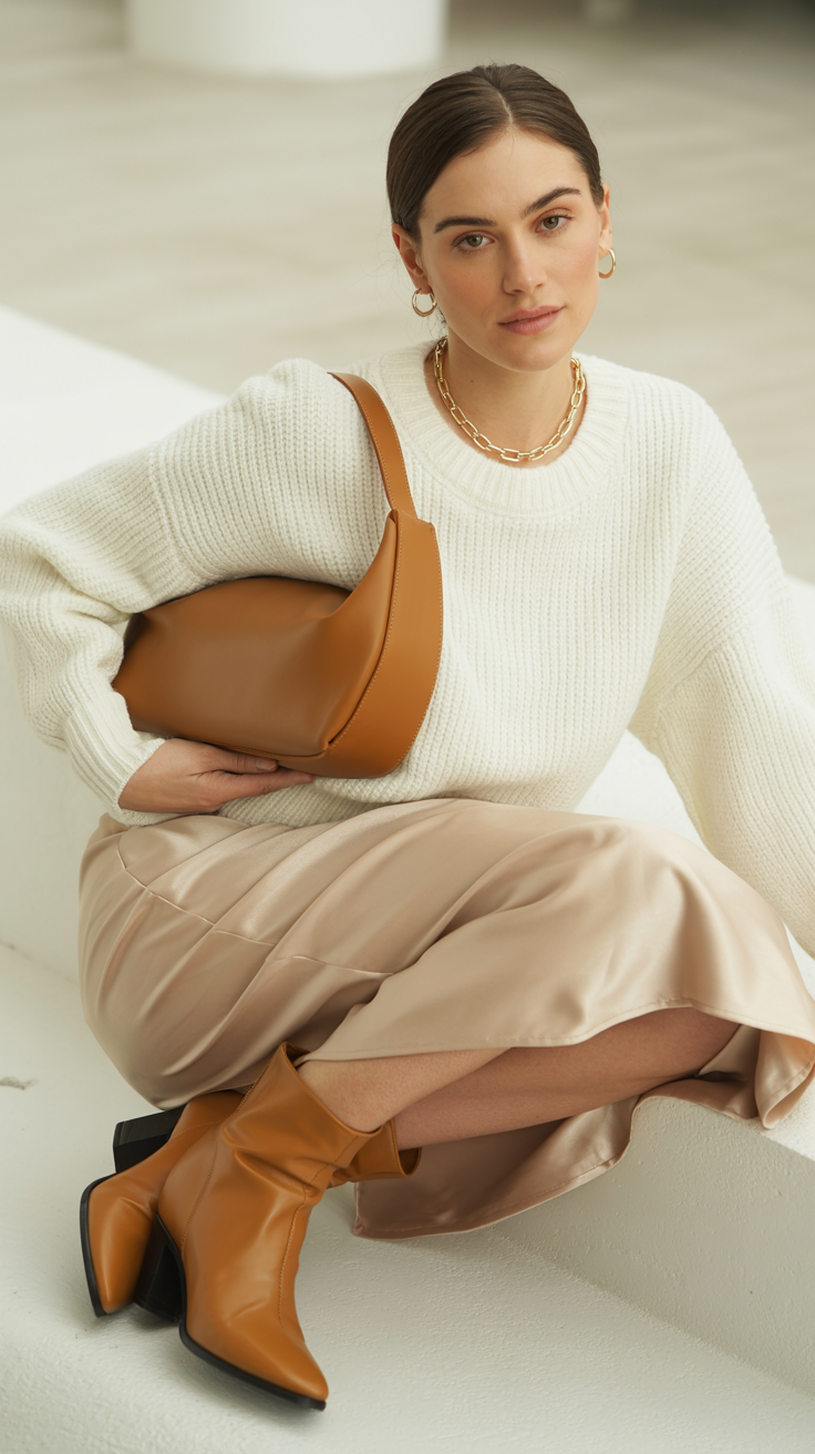 Woman wearing a soft knit sweater tucked into a satin slip skirt with ankle boots, compact shoulder bag, and delicate necklace.