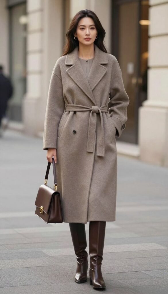Belted camel wool coat with knee-high leather boots