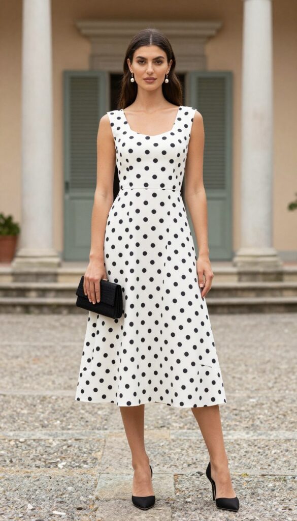 Black and white polka dot midi dress for Italian wedding guest outfit ideas