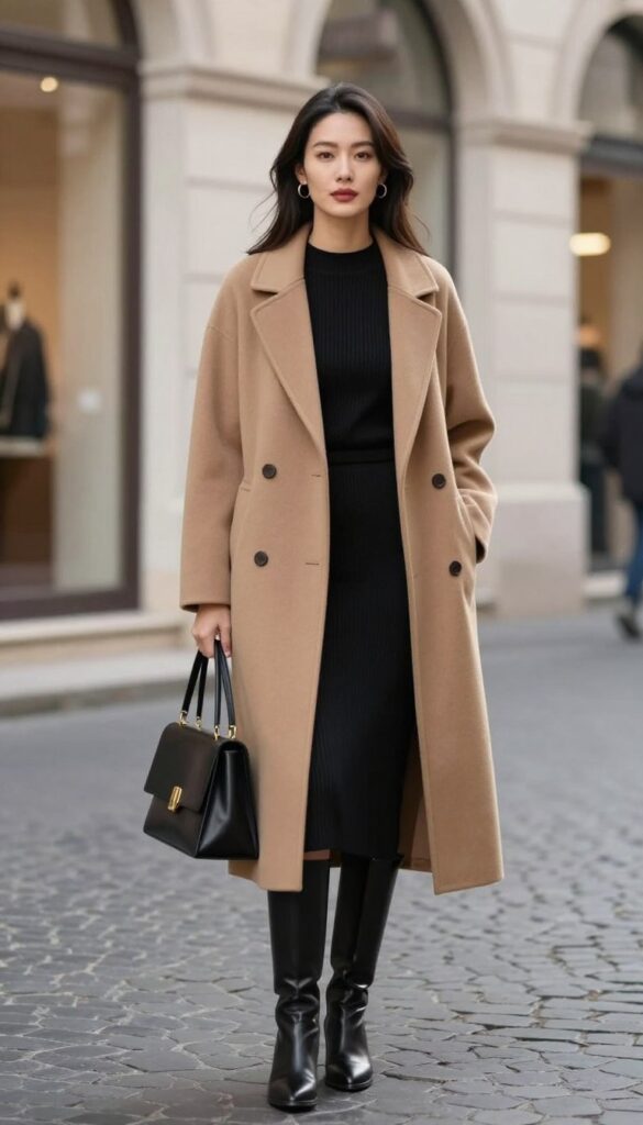Black knit dress with a camel coat and knee-high leather boots