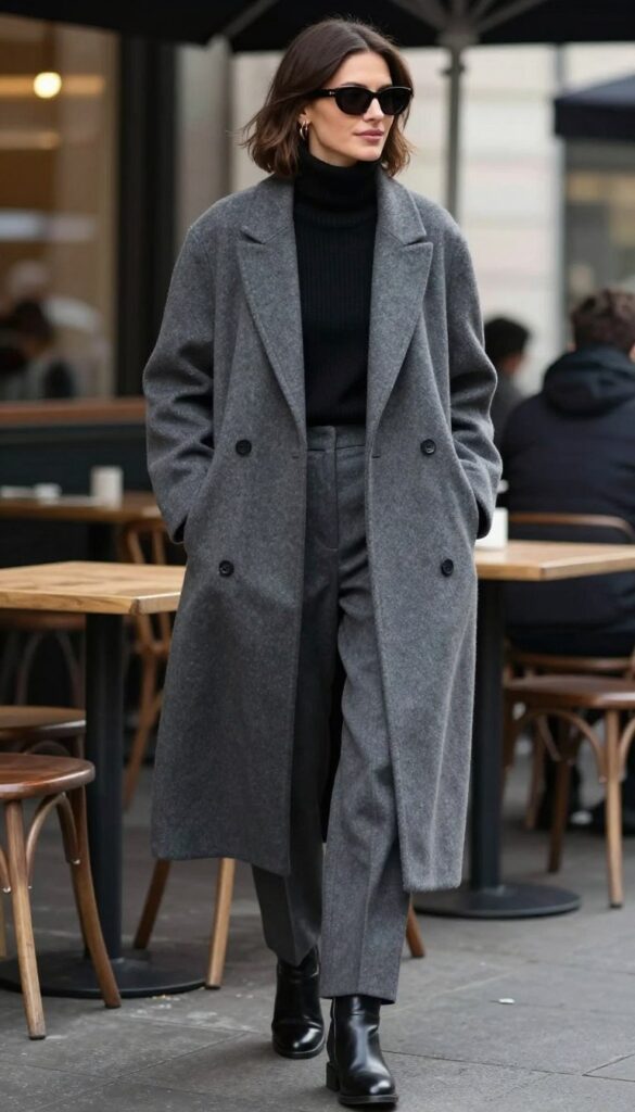 Black turtleneck with a long grey coat and tailored trousers