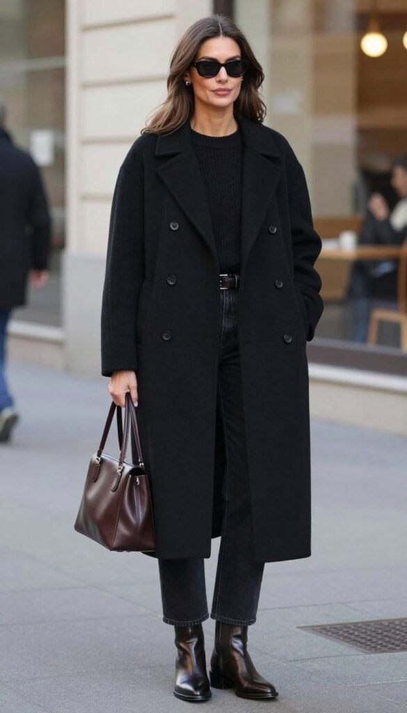 Black wool coat with straight-leg dark jeans and polished ankle boots