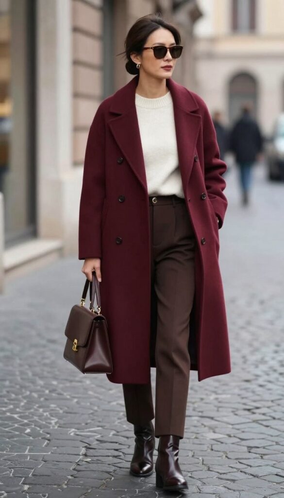 Burgundy coat with an ivory knit and dark leather accessories