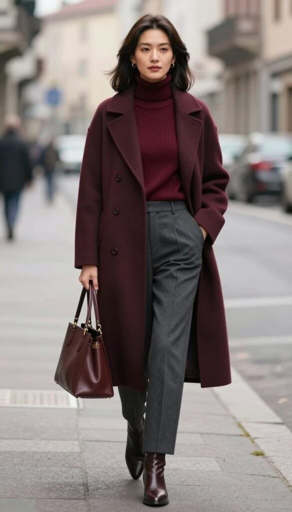 Burgundy turtleneck with charcoal trousers and polished leather boots