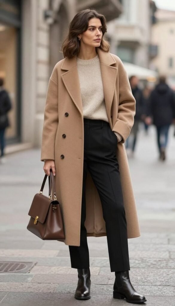 Camel wool coat with black tailored trousers and leather ankle boots