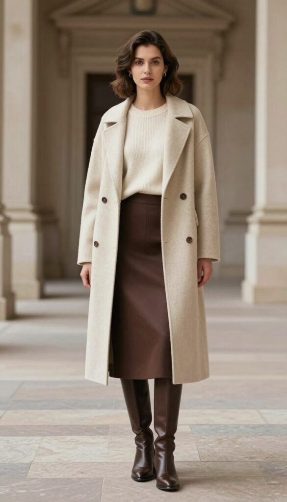 Cashmere-style knit with a midi skirt and knee-high boots