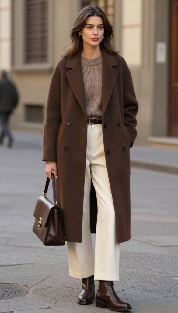 Chocolate brown coat with cream wide-leg trousers and brown boots