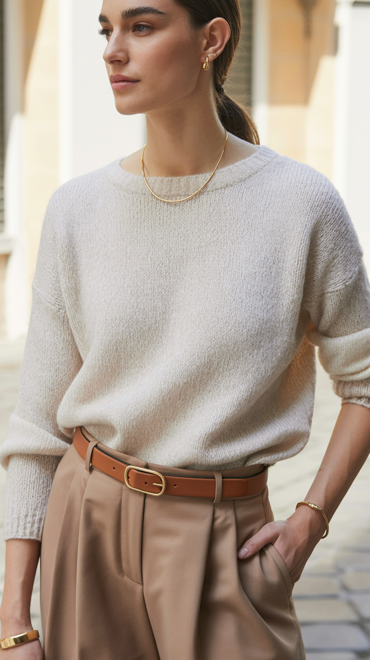 Elegant Italian style clothing with a cream fine-knit sweater, tailored trousers, leather belt, and understated gold accessories.