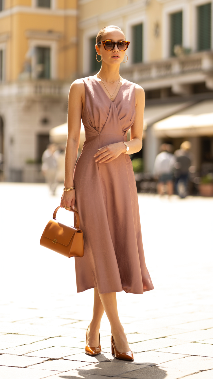 Sophisticated Italian style midi dress worn with leather shoes, structured handbag, sunglasses, and minimal gold jewellery.