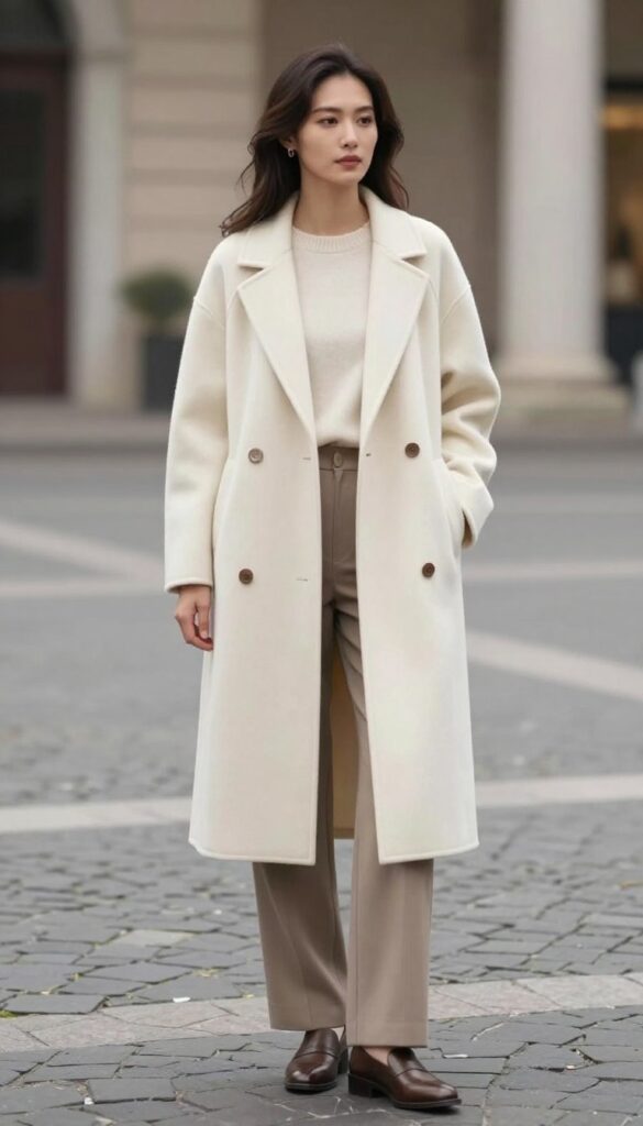 Monochrome winter whites with ivory coat and oatmeal trousers