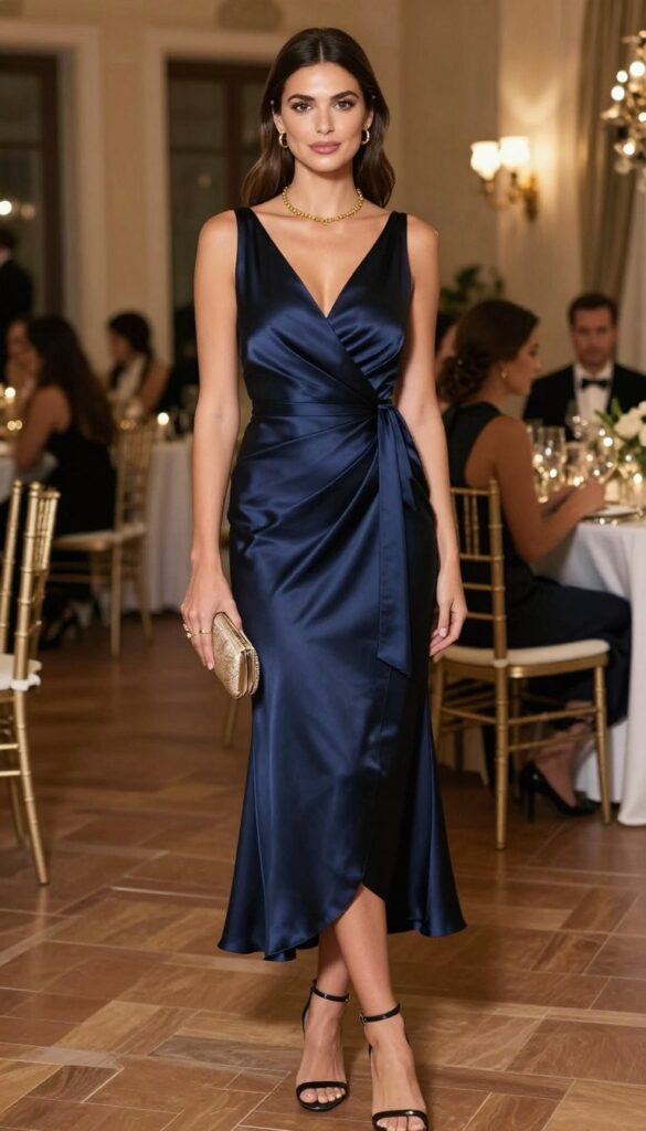 Navy satin wrap dress for an Italian evening wedding