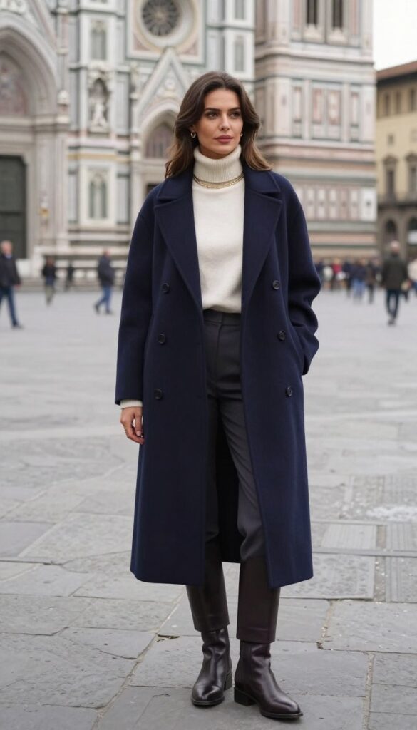 Navy wool coat with a cream turtleneck in Florence