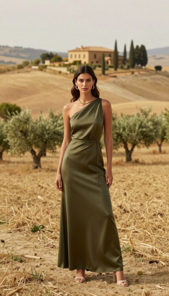 Olive green one-shoulder maxi dress at a Tuscan wedding