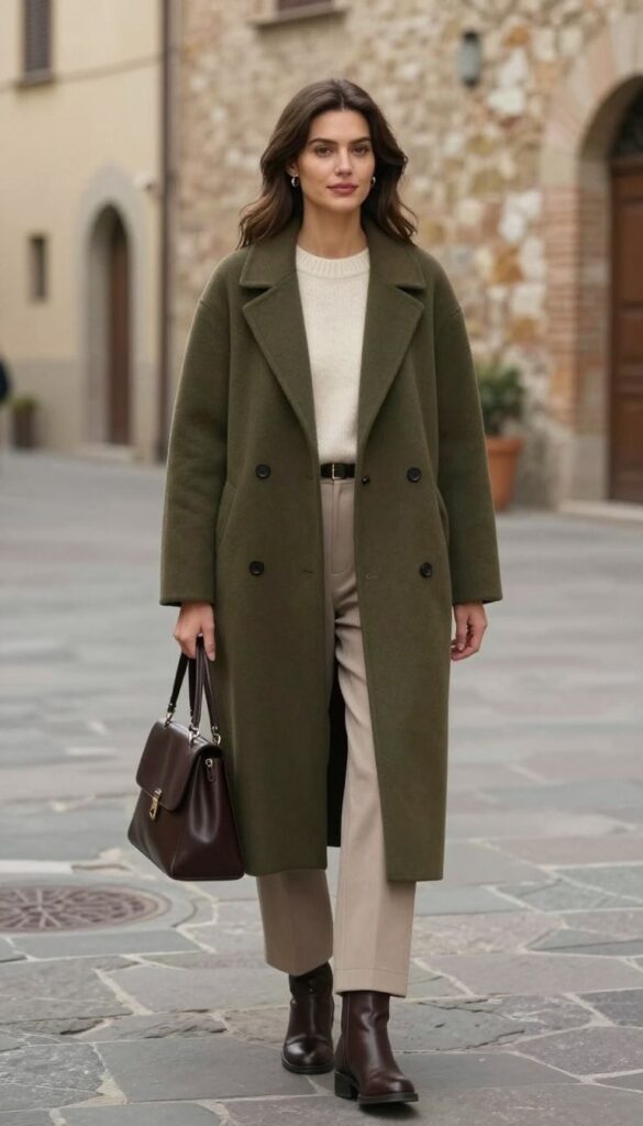 Olive wool coat with cream knitwear and beige trousers in Tuscany