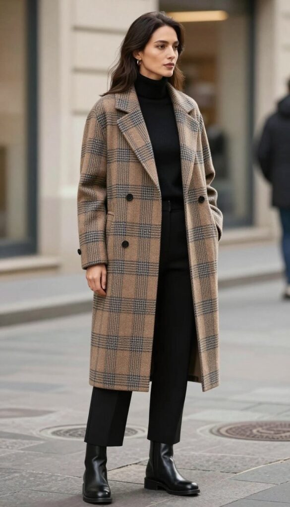 Plaid wool coat with an all-black base and leather boots
