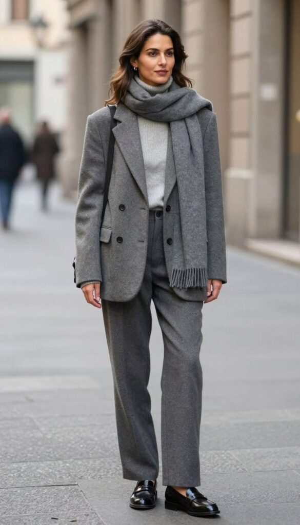 Tailored blazer with a fine-knit turtleneck and straight-leg trousers